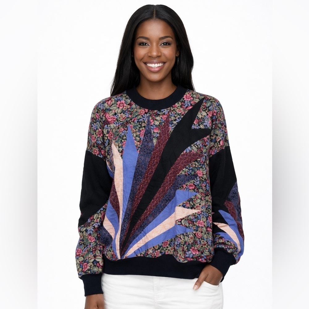 Vintage 90s Floral Patchwork Sweatshirt Colorblock Boho L